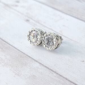 Vintage Carolee Clip On Earrings Silver Tone with Clear Gems 0.5"